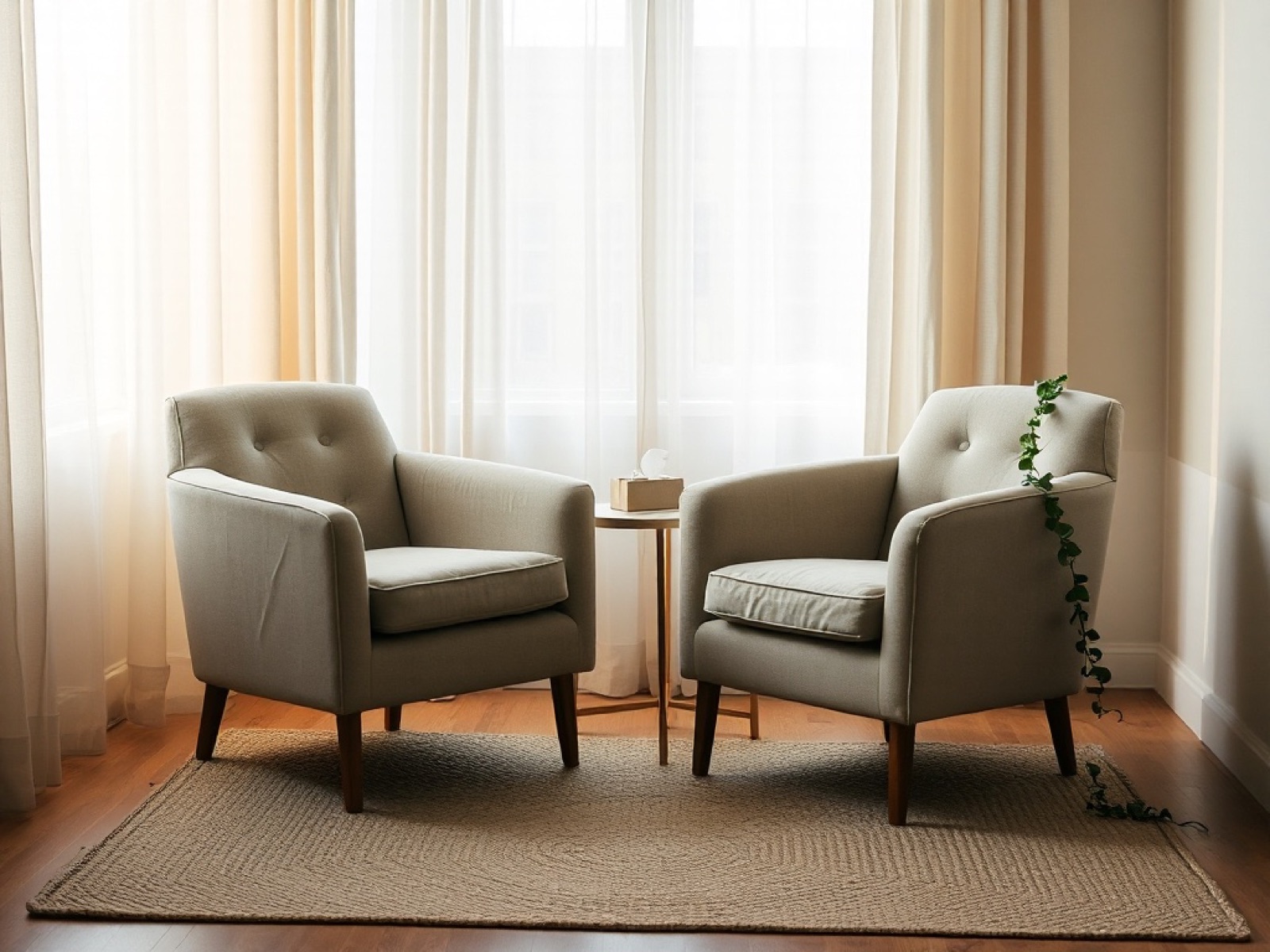 A calm consulting room with an armchair, cushion and bookshelf