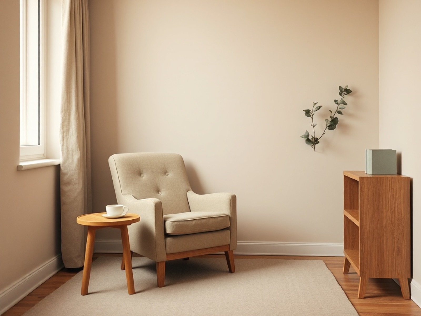 A calm consulting room with an armchair, cushion and bookshelf
